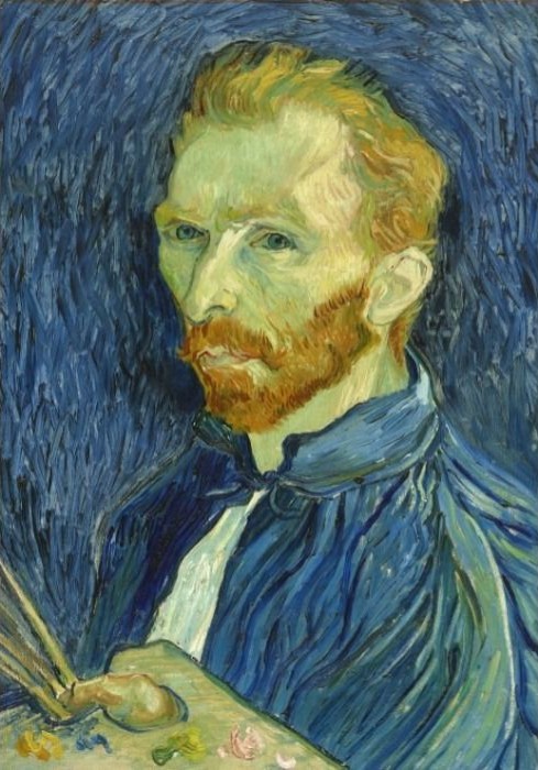 A self-portrait of a man with red hair and a beard wearing a blue smock, rendered in expressive brushstrokes.