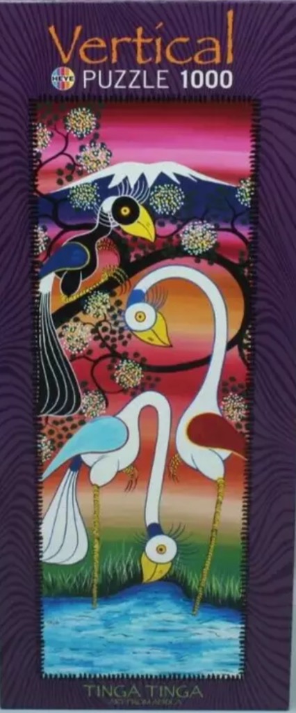 Stylized artwork of birds near water with a mountain backdrop in a vibrant, flat-art style.