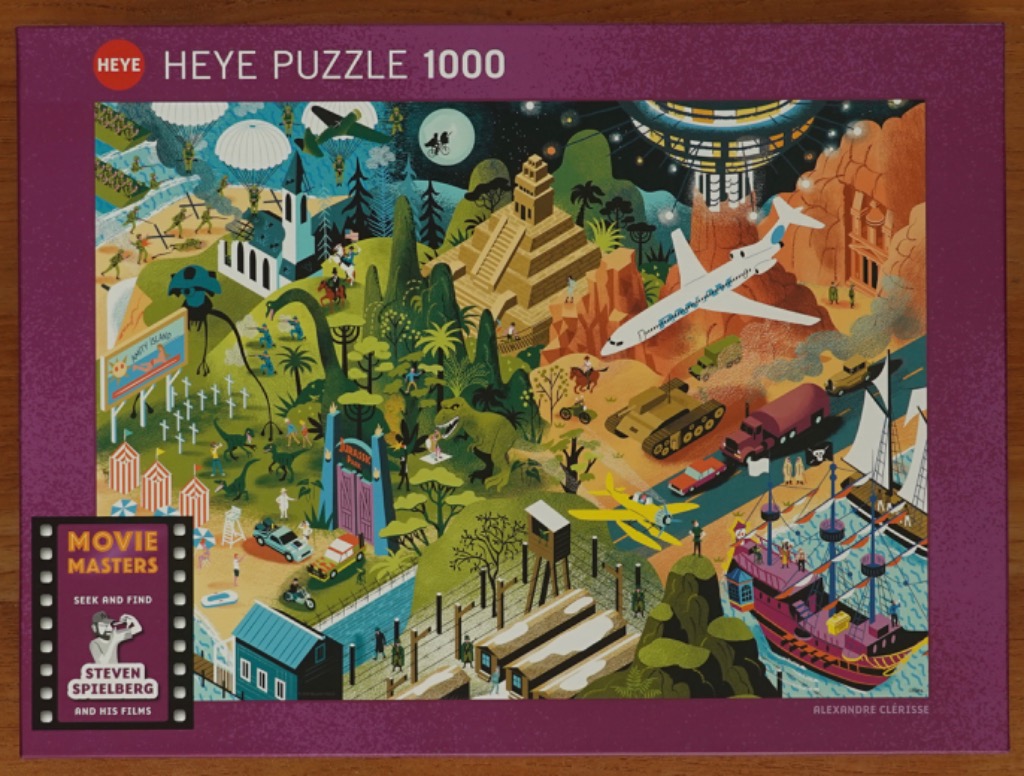 A whimsical illustrated collage featuring iconic scenes and elements from famous Steven Spielberg movies.
