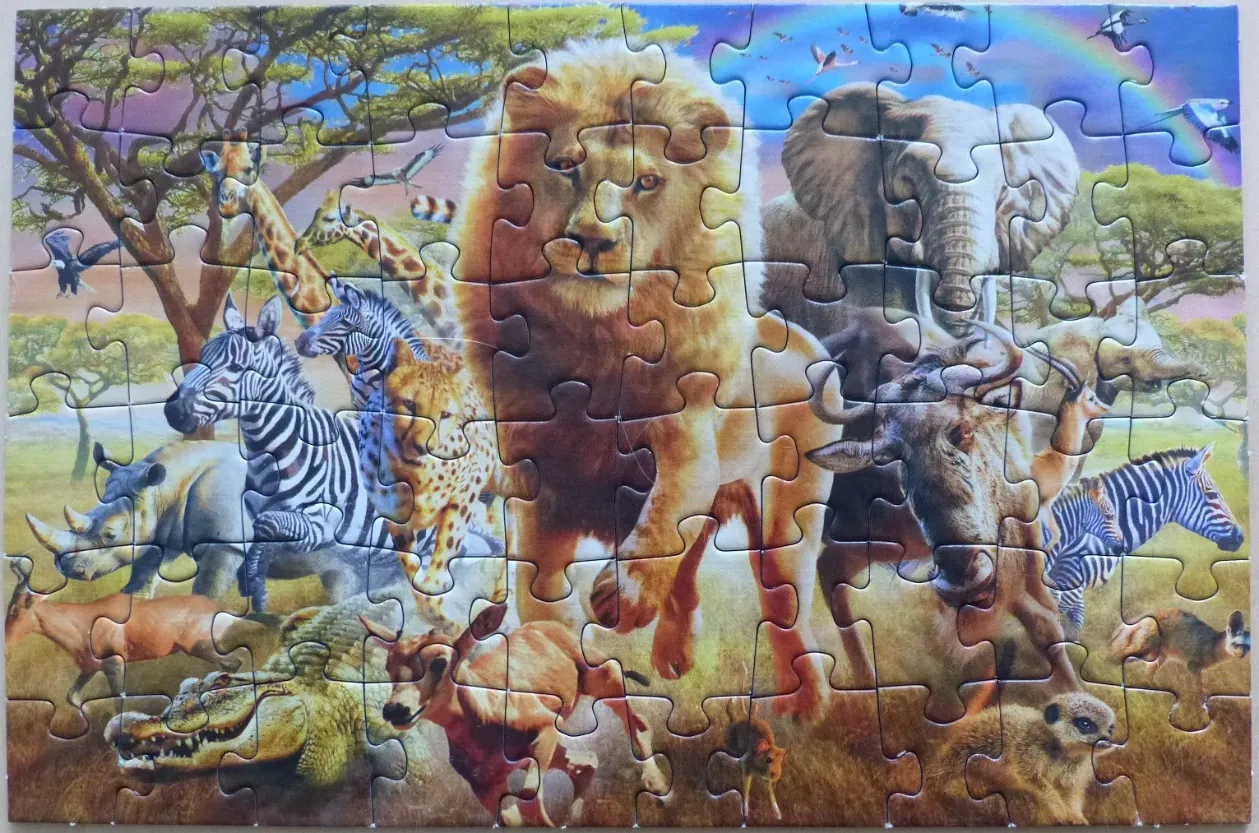 A digital illustration of various African wildlife species gathered together in a vibrant savanna landscape.