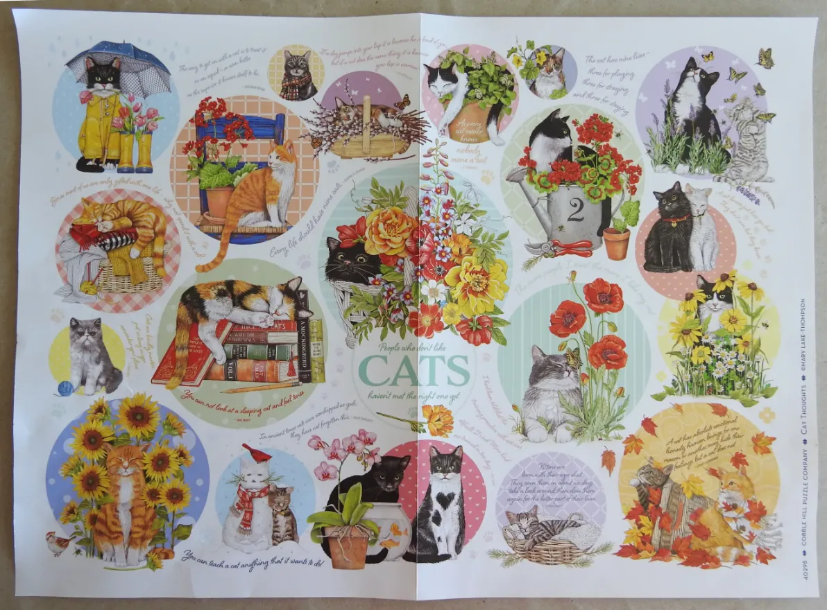 A collage of various cat illustrations nestled among flowers, plants, and books in circular vignettes.