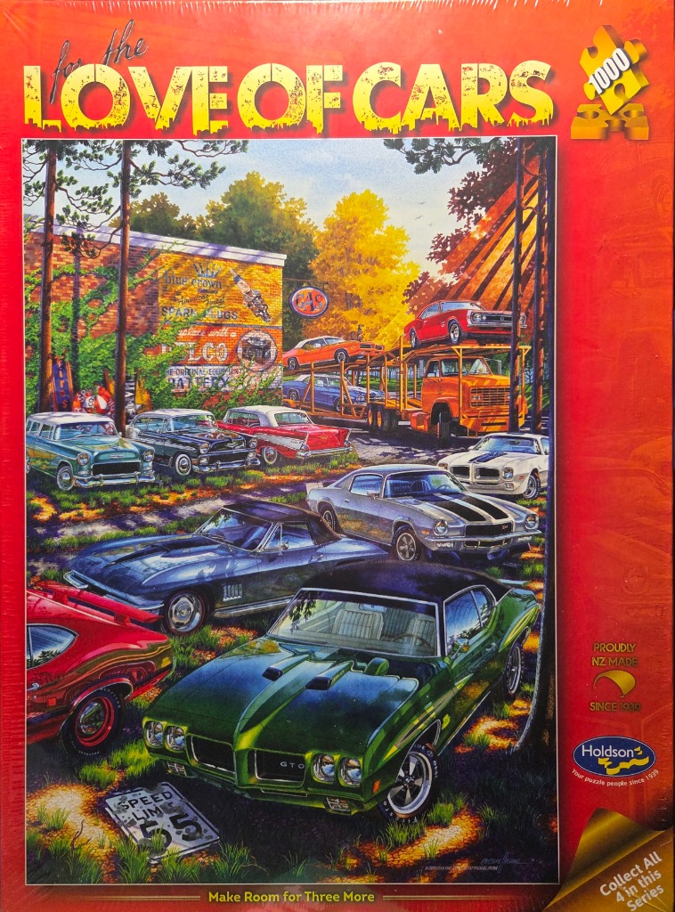 Illustration of vintage American muscle cars parked in a rural, autumnal setting by a brick building.