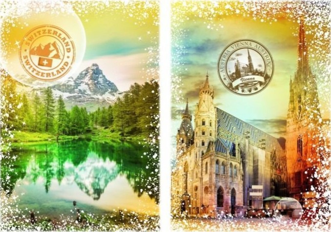 A side-by-side view featuring a Swiss mountain lake and the St. Stephen