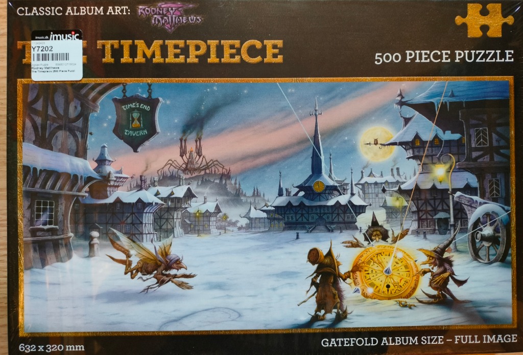 Fantasy illustration of a snowy town square at dusk with magical creatures and a glowing golden timepiece.