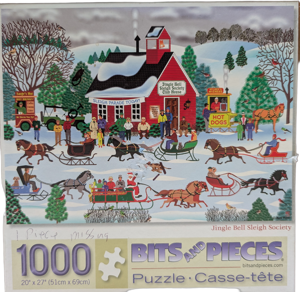 A whimsical winter scene of a sleigh parade in front of a red club house with horse-drawn sleighs and people.