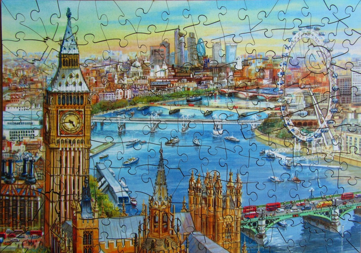 A panoramic illustration of London landmarks, including Big Ben and the London Eye over the River Thames.