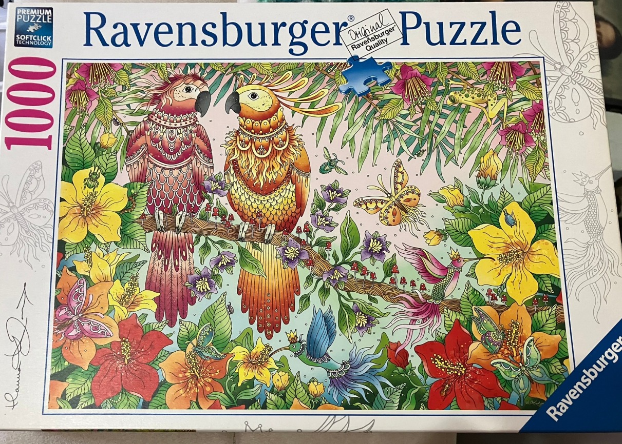 An intricate illustration of two parrots perched on a branch surrounded by tropical flowers, hummingbirds, and butterflies.