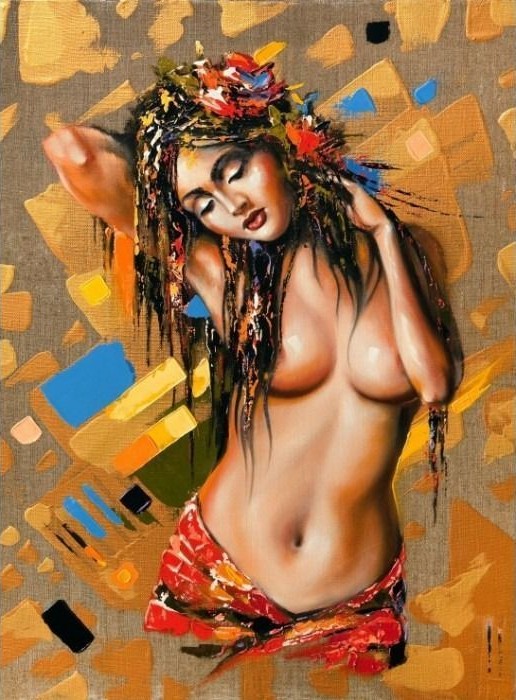 An expressive oil painting of a woman with long dark hair and a floral headpiece against a tan abstract background.