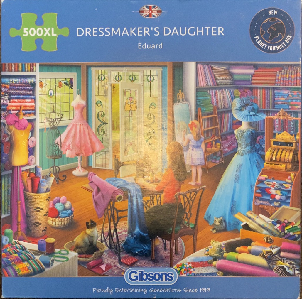 An illustration of a woman sewing in a fabric-filled tailor shop with a young girl watching.