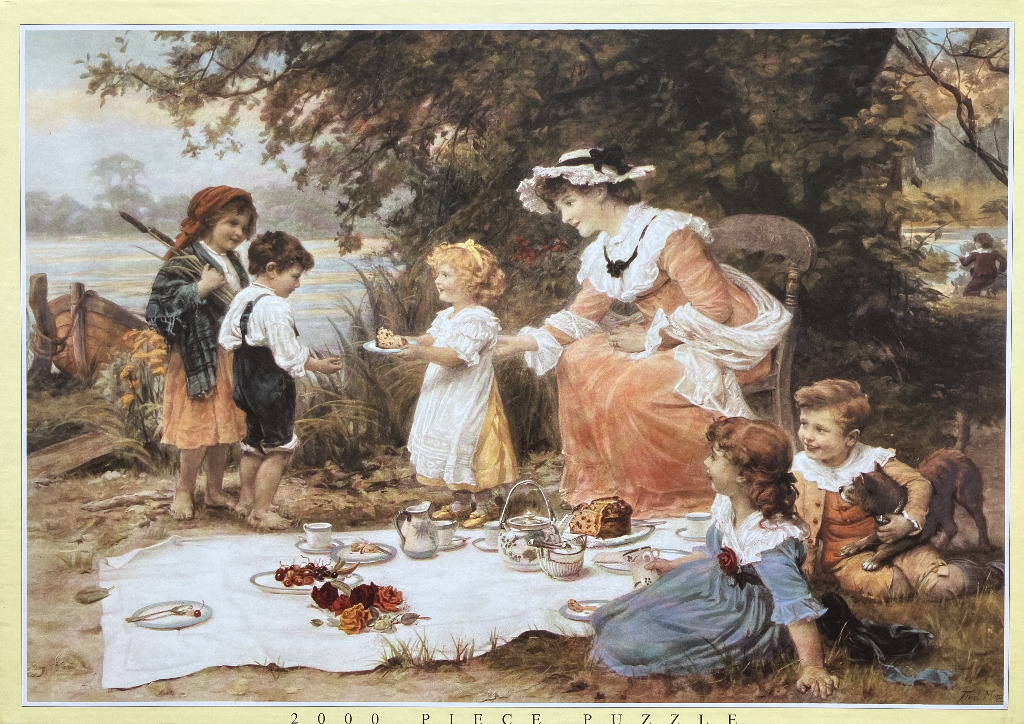A Victorian-style painting of a mother and five children having an outdoor picnic by a river.