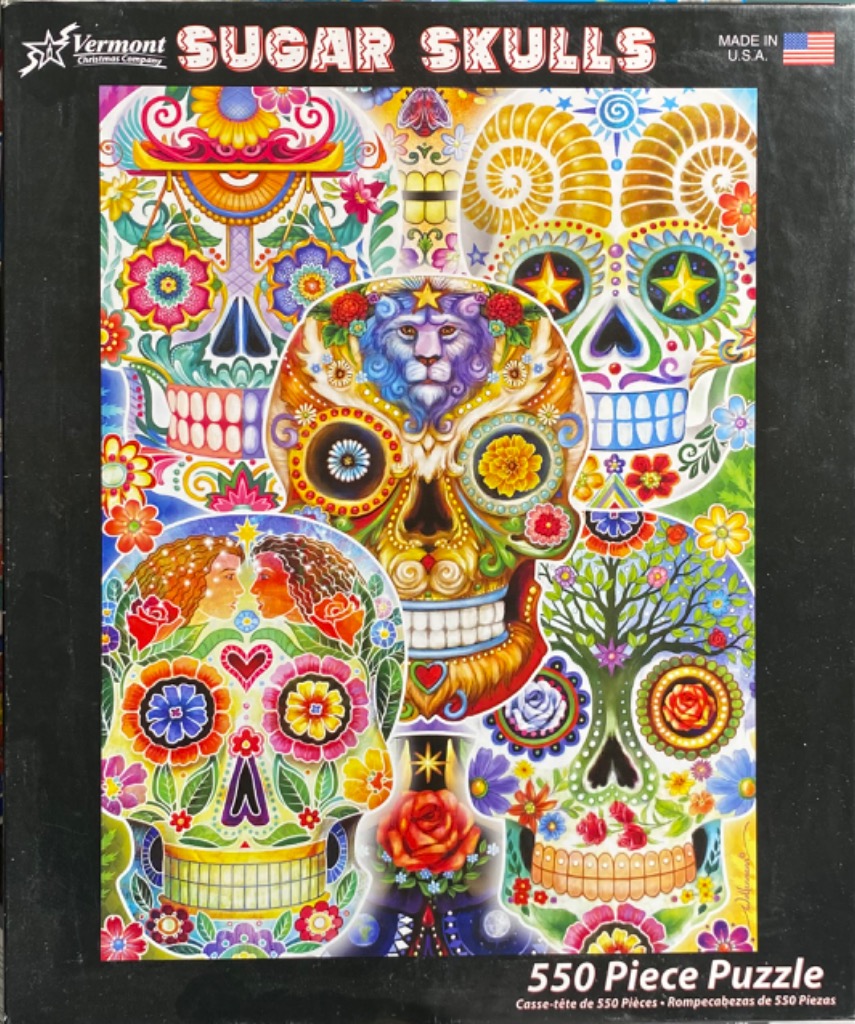 A vibrant collage of multiple sugar skull illustrations decorated with flowers, animals, and intricate folk art patterns.