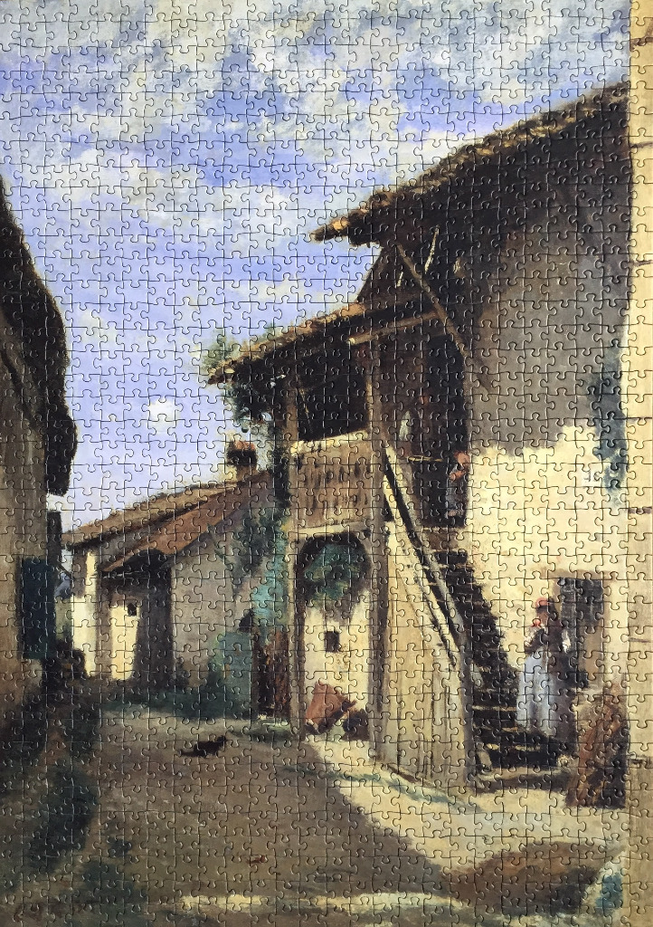 An Impressionist painting of a rustic village street with houses and a woman standing in a doorway.