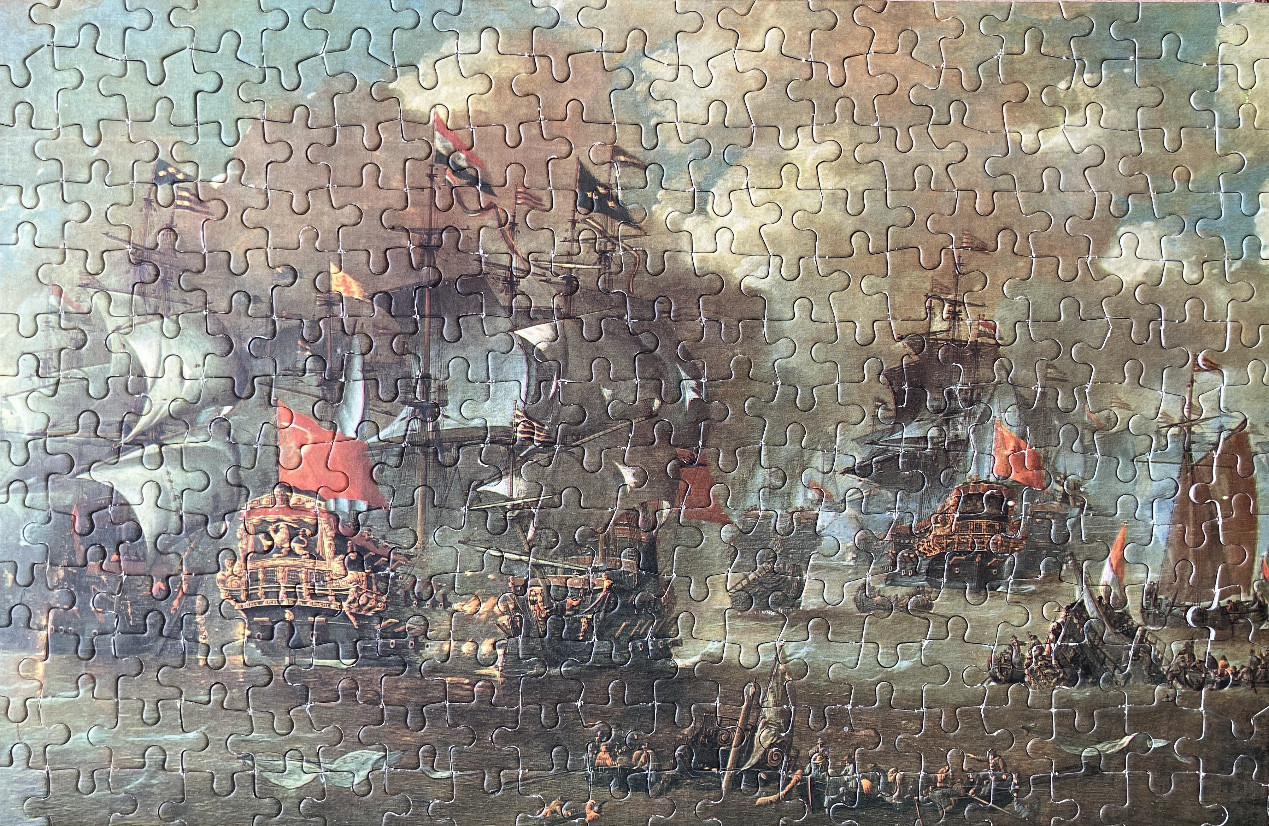 A maritime oil painting depicting a naval battle with large sailing ships on a choppy sea.