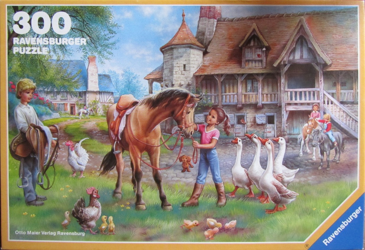 A sunny countryside scene featuring children with horses, chickens, and geese in front of a rustic timber-framed building.