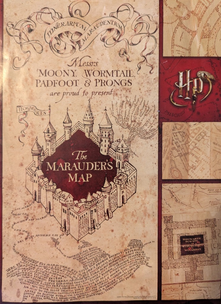 A parchment-style illustration of a magical castle map with ornate gothic lettering and ink-drawn details.