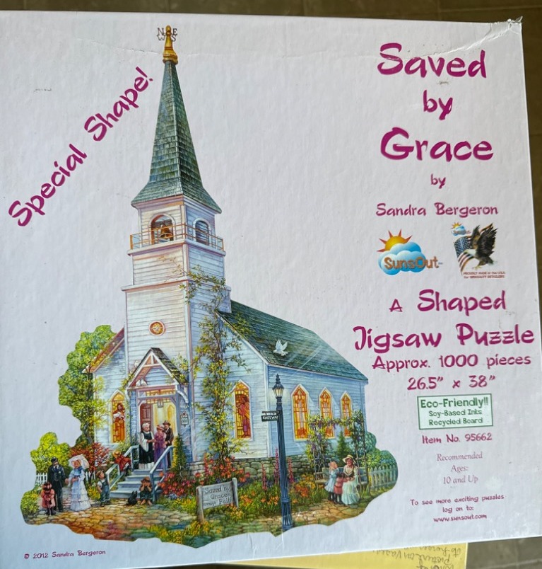 Painting of a quaint light-blue country church with a steeple and colorful gardens.