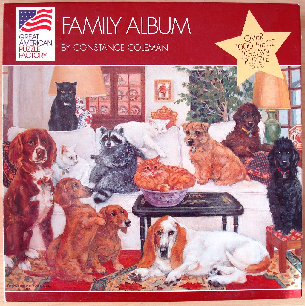 An illustration of various cats and dogs gathered in a cozy living room.