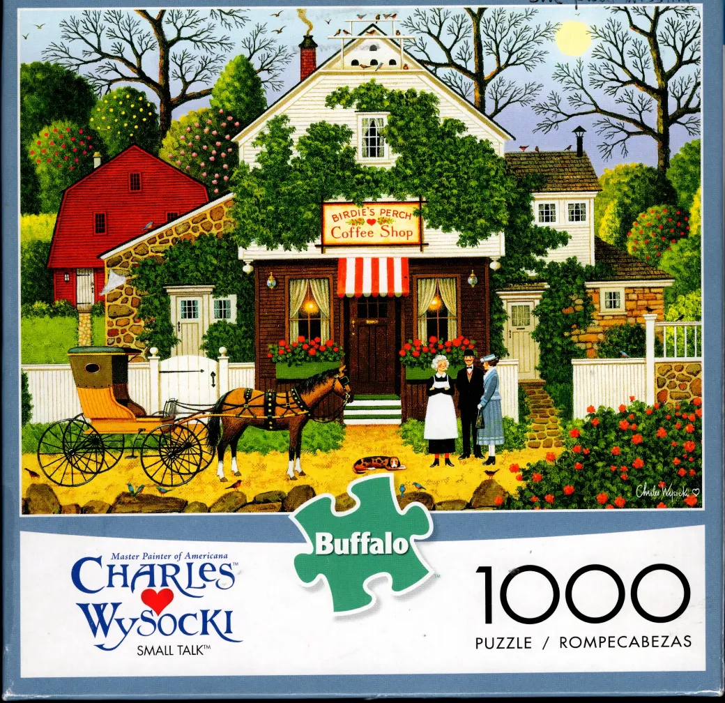 A nostalgic Americana painting of a coffee shop named Birdie’s Perch with a horse-drawn carriage in front.