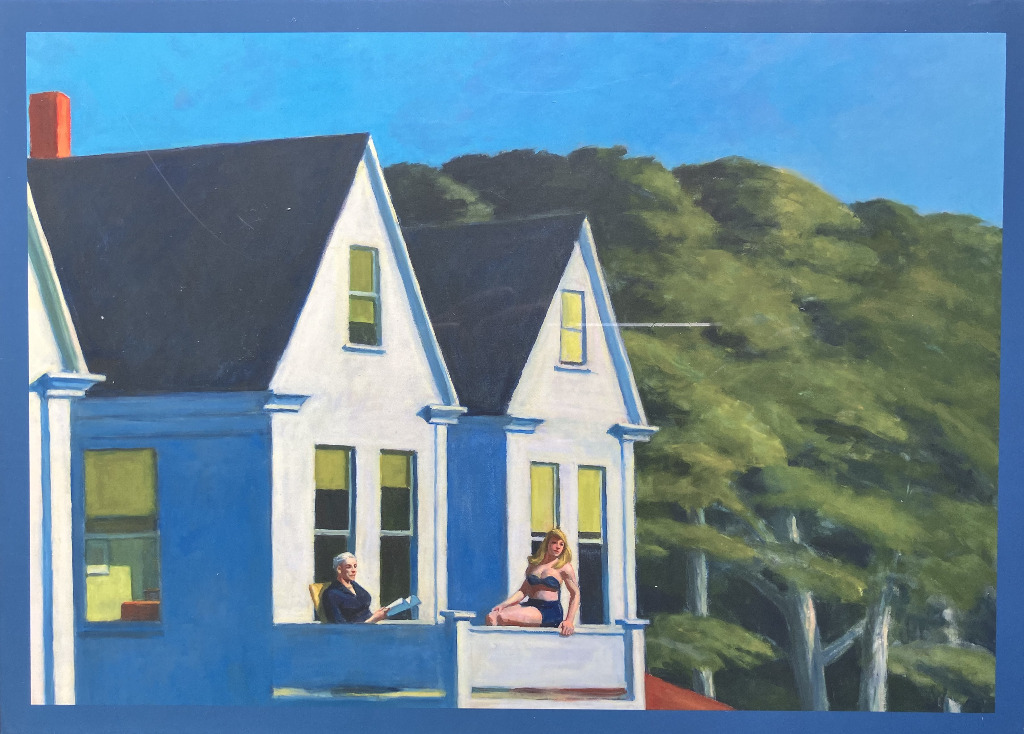 A realistic oil painting of two women on a balcony of a white house with a steep roof against a background of trees.