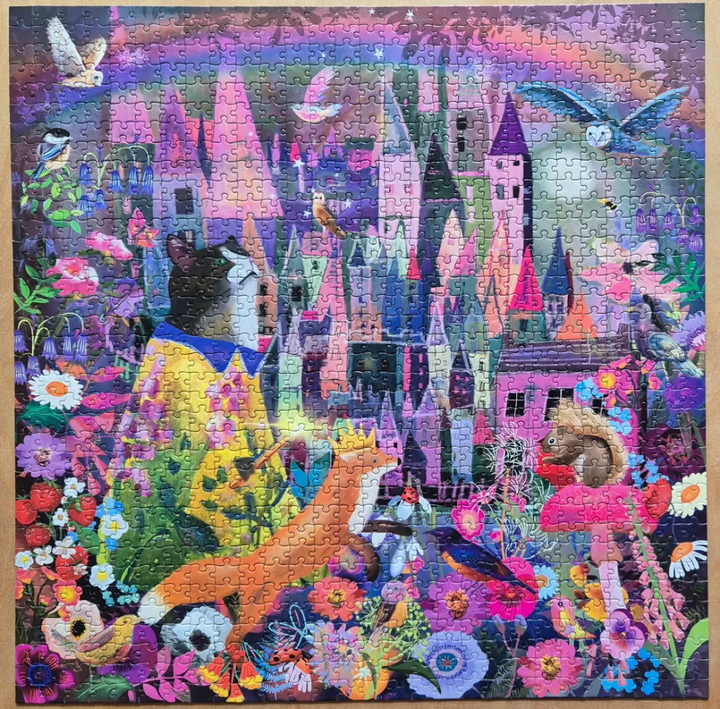 Fantasy illustration of a cat and fox in a magical garden before a castle at twilight