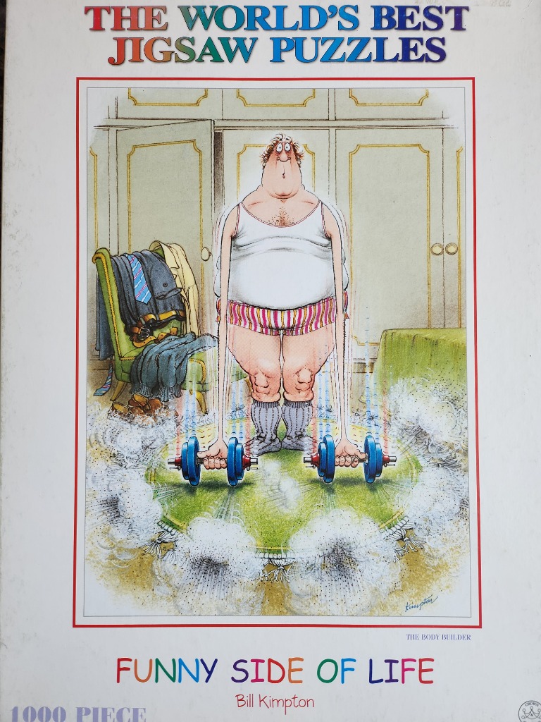 Cartoon illustration of a man with exaggeratedly long arms struggling to lift two heavy dumbbells.