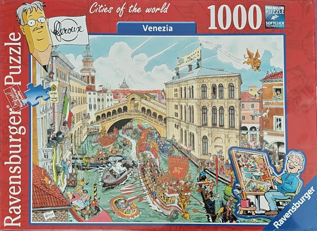 Cartoon illustration of Venice featuring the Rialto Bridge, gondolas, and lively crowds on a sunny day.