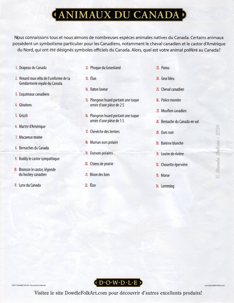 A checklist of Canadian animals in French on a white background.