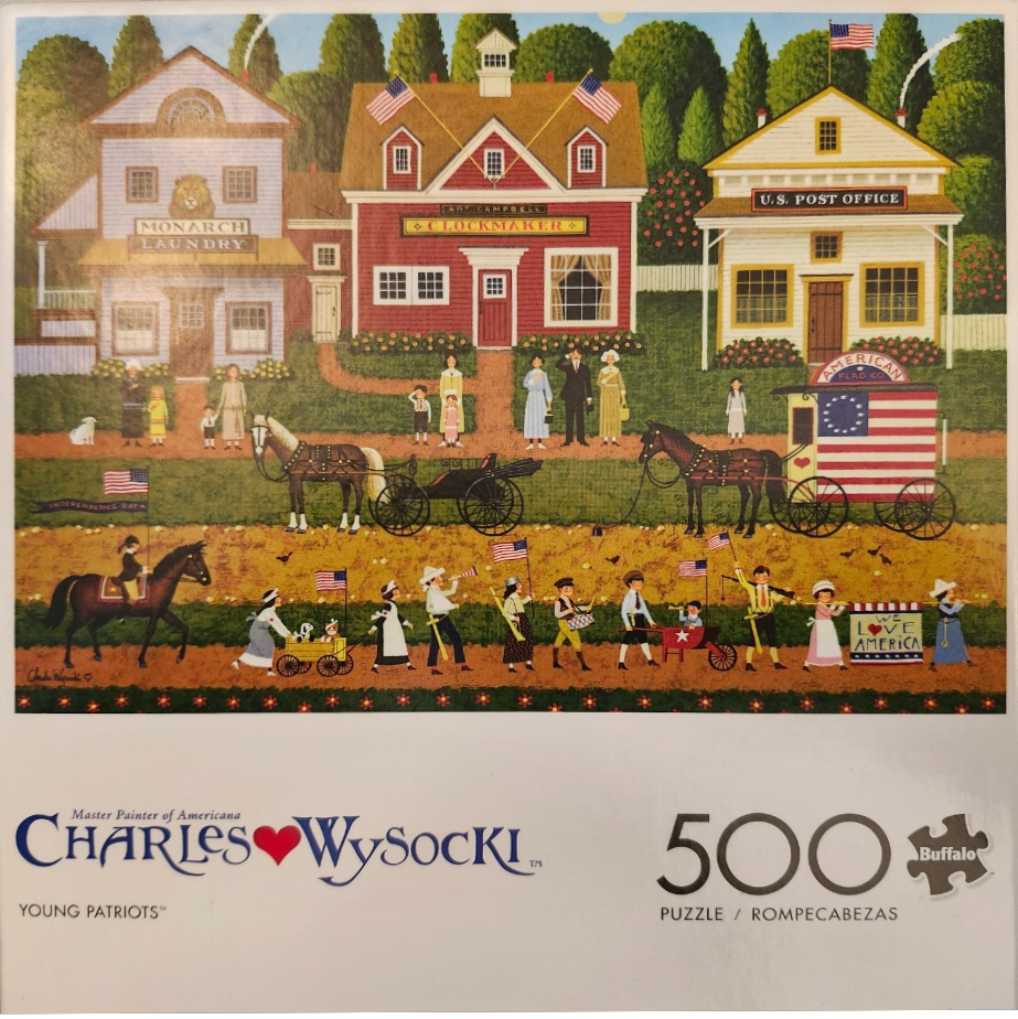 A folk art illustration of a 19th-century American town parade on Independence Day.