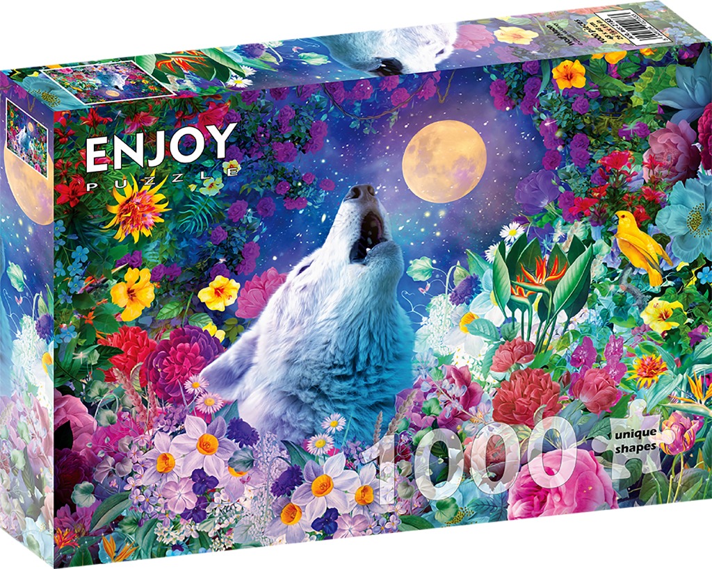 A white wolf howling at a large full moon amidst a vibrant garden of colourful flowers.