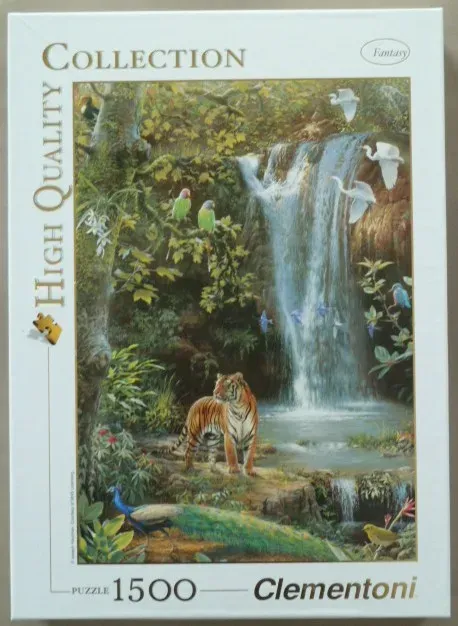 A tiger stands by a jungle waterfall surrounded by vibrant exotic birds in this lush nature painting.