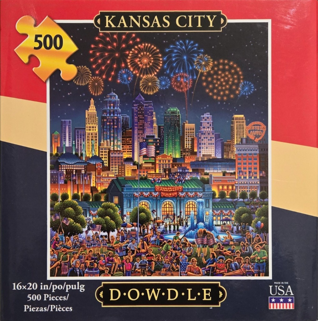 A folk art illustration of the Kansas City skyline at night with fireworks above a crowded park.