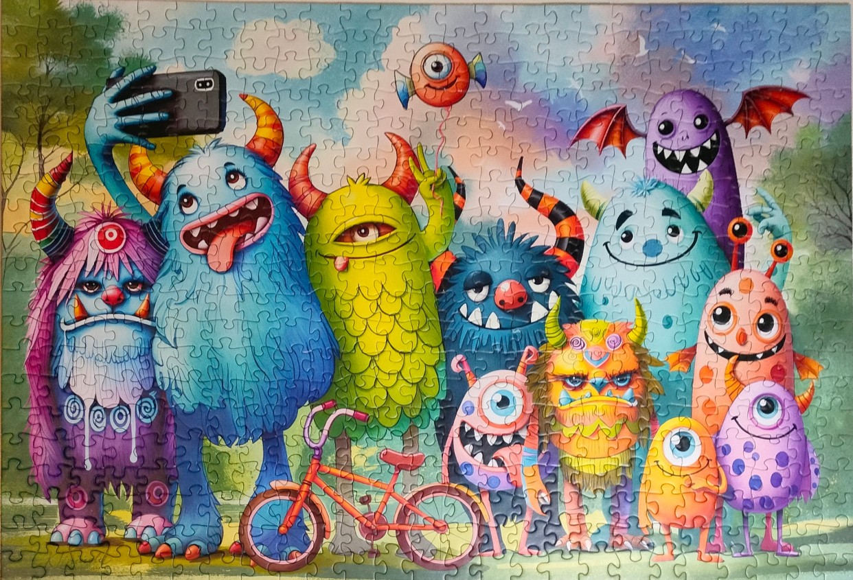A colorful illustration of a diverse group of friendly monsters posing for a selfie in a park setting.