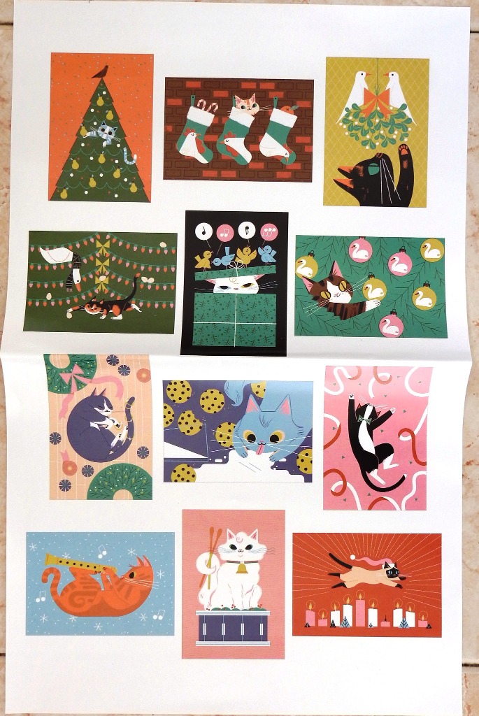 A collection of twelve festive illustrations featuring cats in various holiday-themed scenarios.