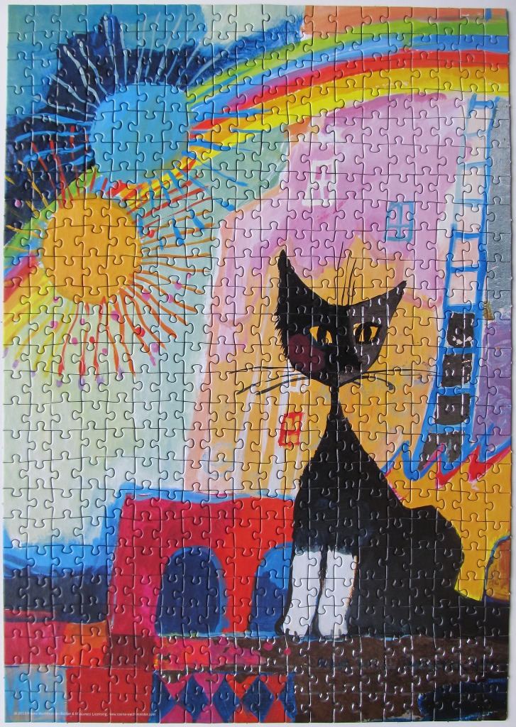 Whimsical painting of a stylized black cat sitting in front of a colorful, abstract sun and house.