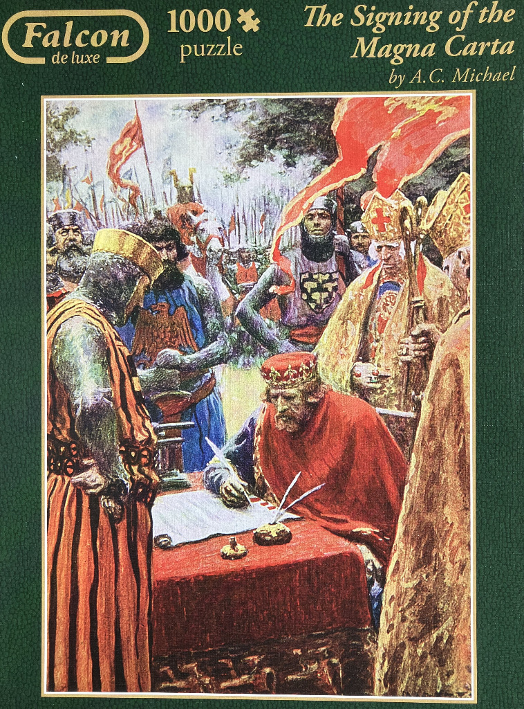 Painting of King John signing the Magna Carta surrounded by knights and bishops.