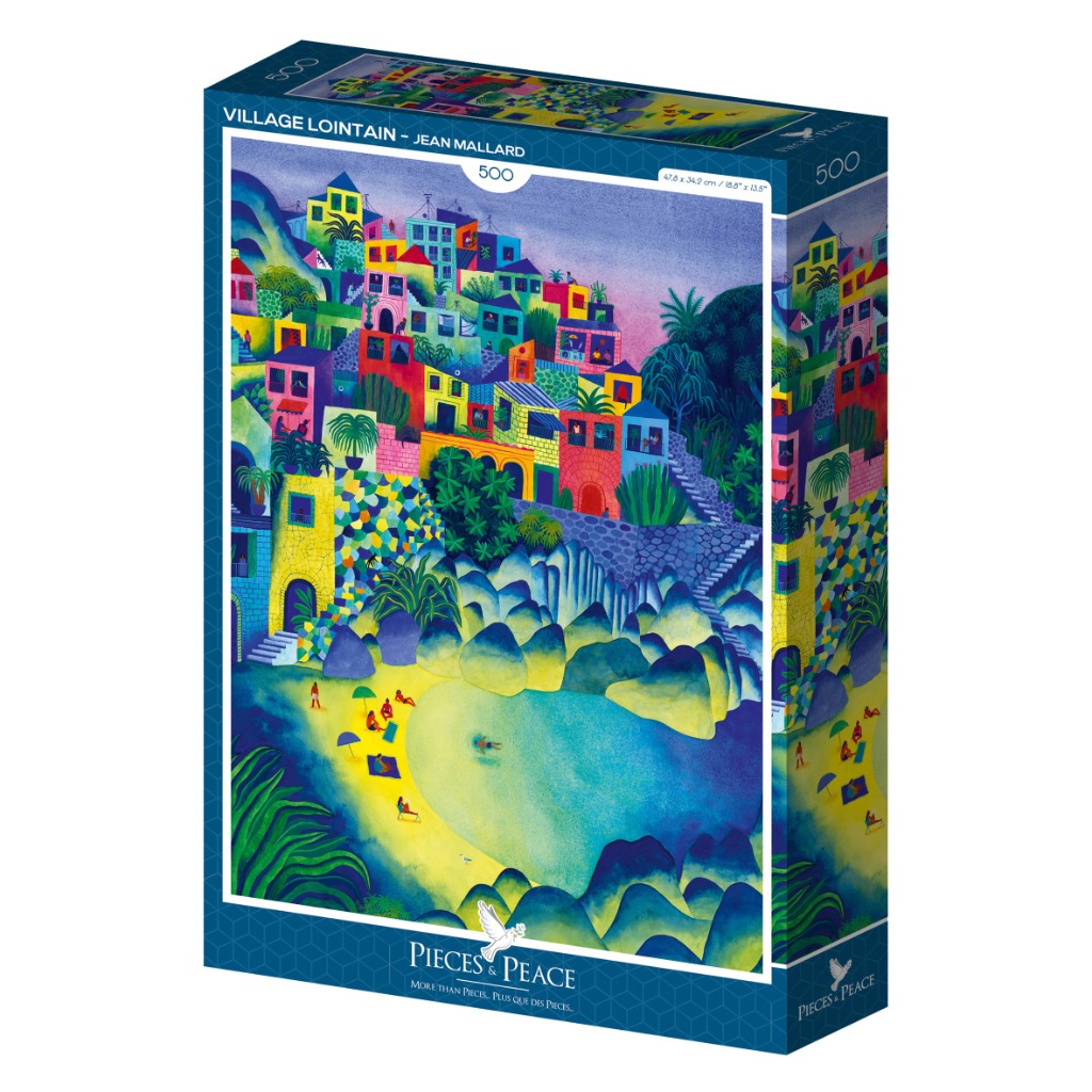 Illustration of a vibrant coastal village with colorful houses built into a hillside above a beach with swimmers.
