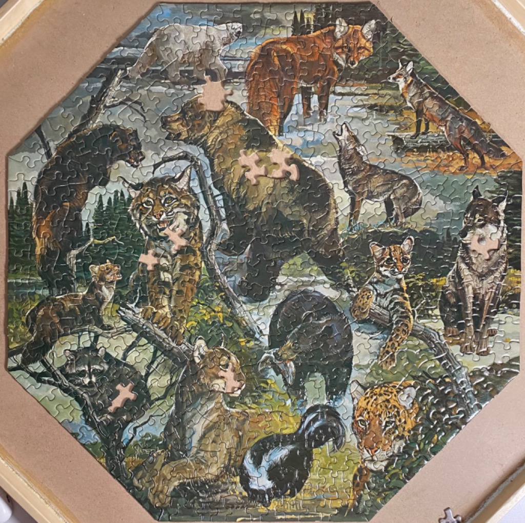 Collage of various North American wildlife including bears, a lynx, a wolf, and other forest animals.