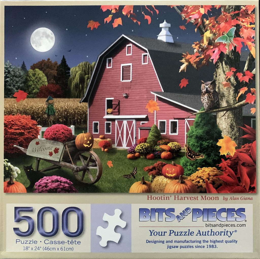 A nighttime autumn scene of a red barn, a full moon, pumpkins, and an owl in a tree.