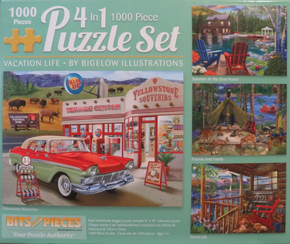 A collage of four different nostalgic American vacation scenes featuring a car, a boathouse, a campsite, and a porch.