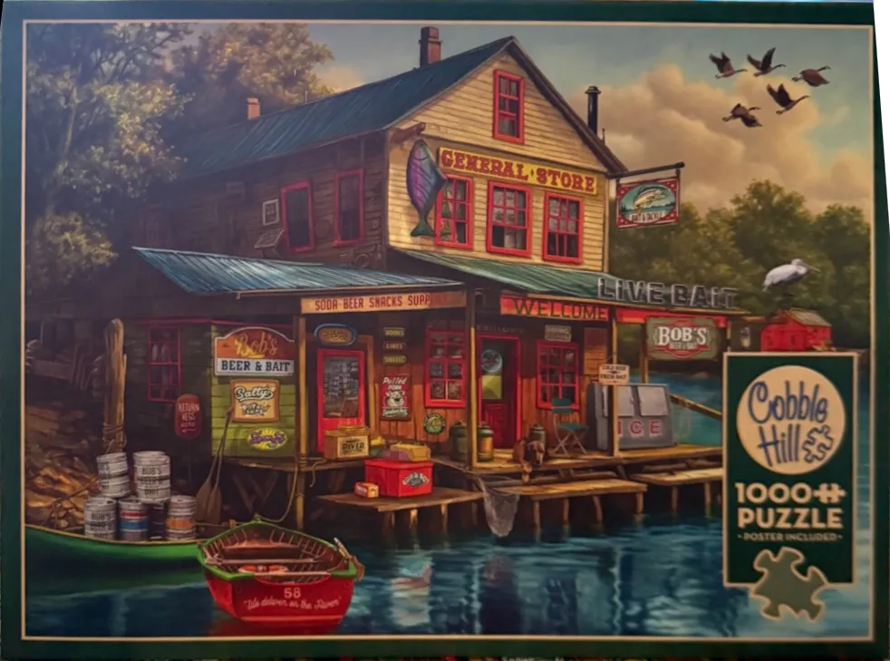 A nostalgic painting of a rustic general store and bait shop sitting on a wooden dock over a calm river.