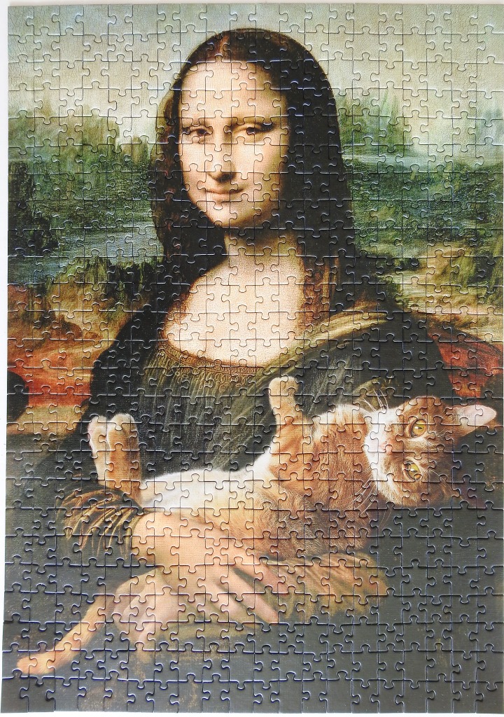 A humorous artistic adaptation of the Mona Lisa holding a ginger cat.