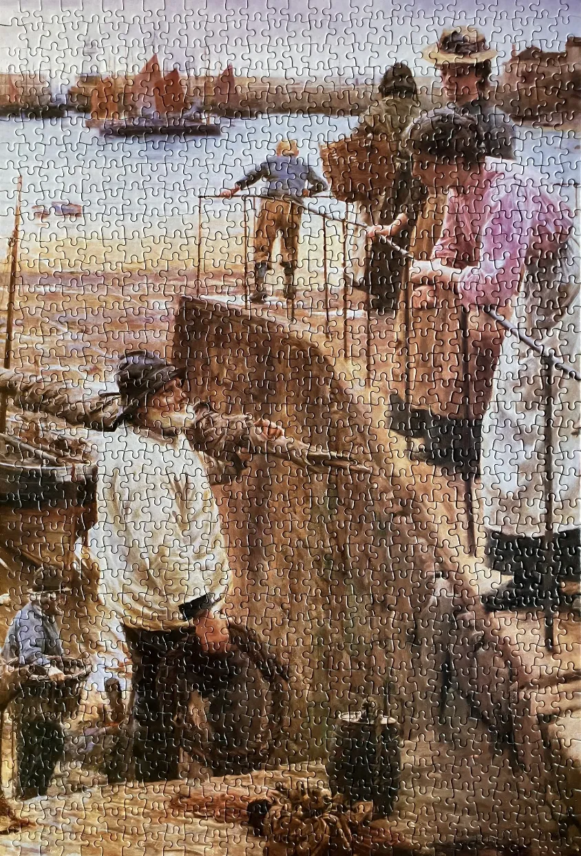 An oil painting of a busy harbor scene with people standing on a stone pier near boats.