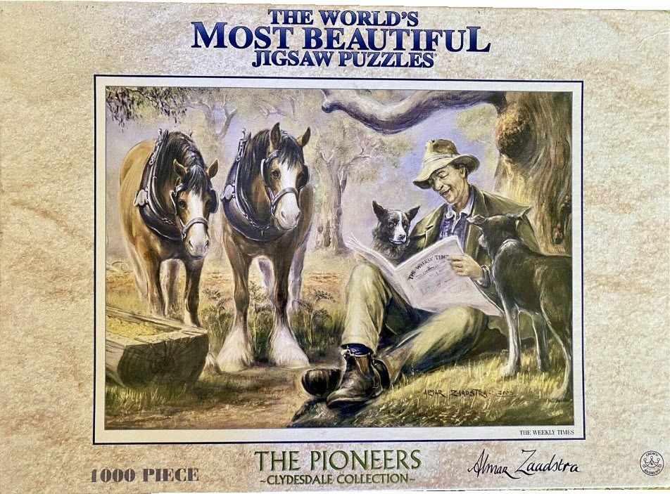 Illustration of a farmer sitting under a tree reading a newspaper with two dogs and two Clydesdale horses nearby.