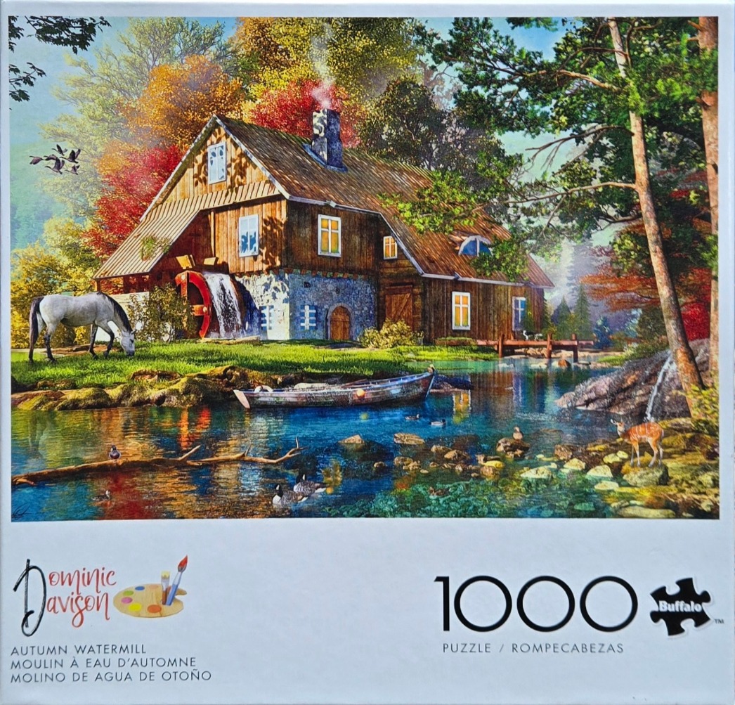 A rustic watermill beside a calm stream in a vibrant autumn forest, with a horse grazing nearby.