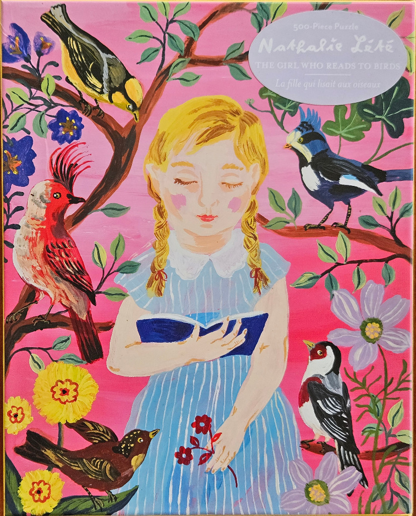 Illustration of a young girl with blonde braids reading a book while surrounded by various colorful birds and flowers.