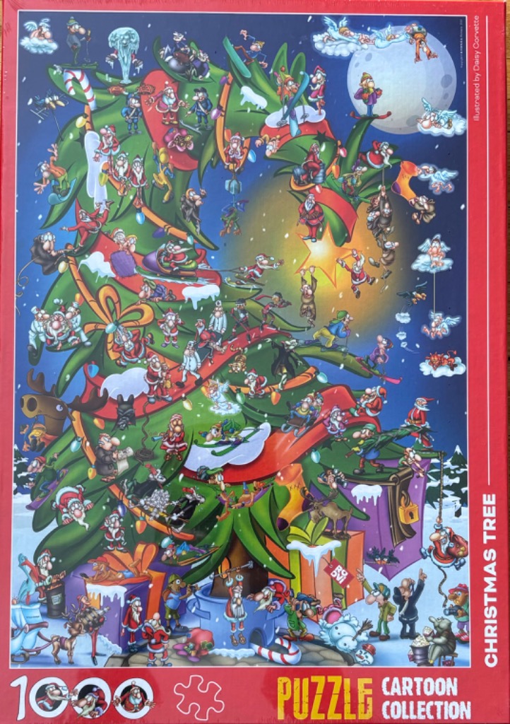 Cartoon illustration of a busy, stylized Christmas tree teeming with small Santas, reindeer, and winter activities.
