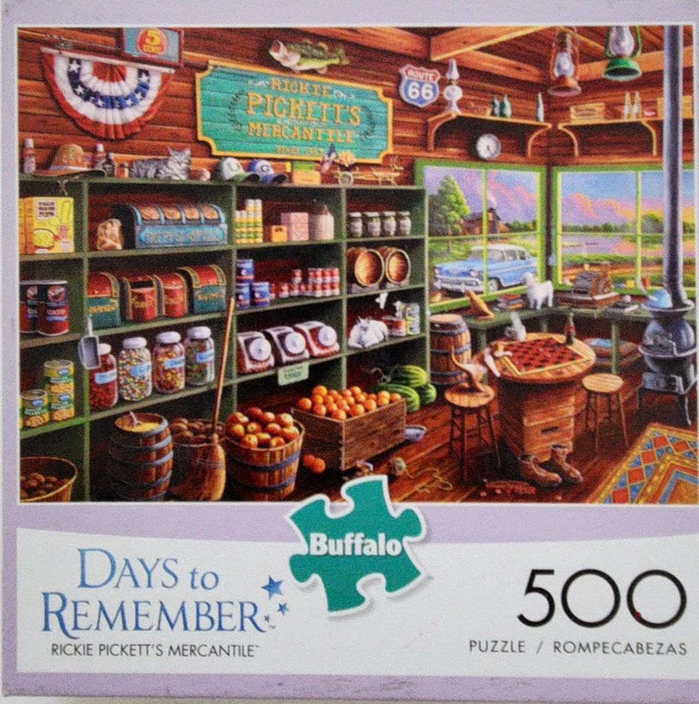 A detailed nostalgic illustration of the interior of a rural American general store called Rickie Pickett's Mercantile.