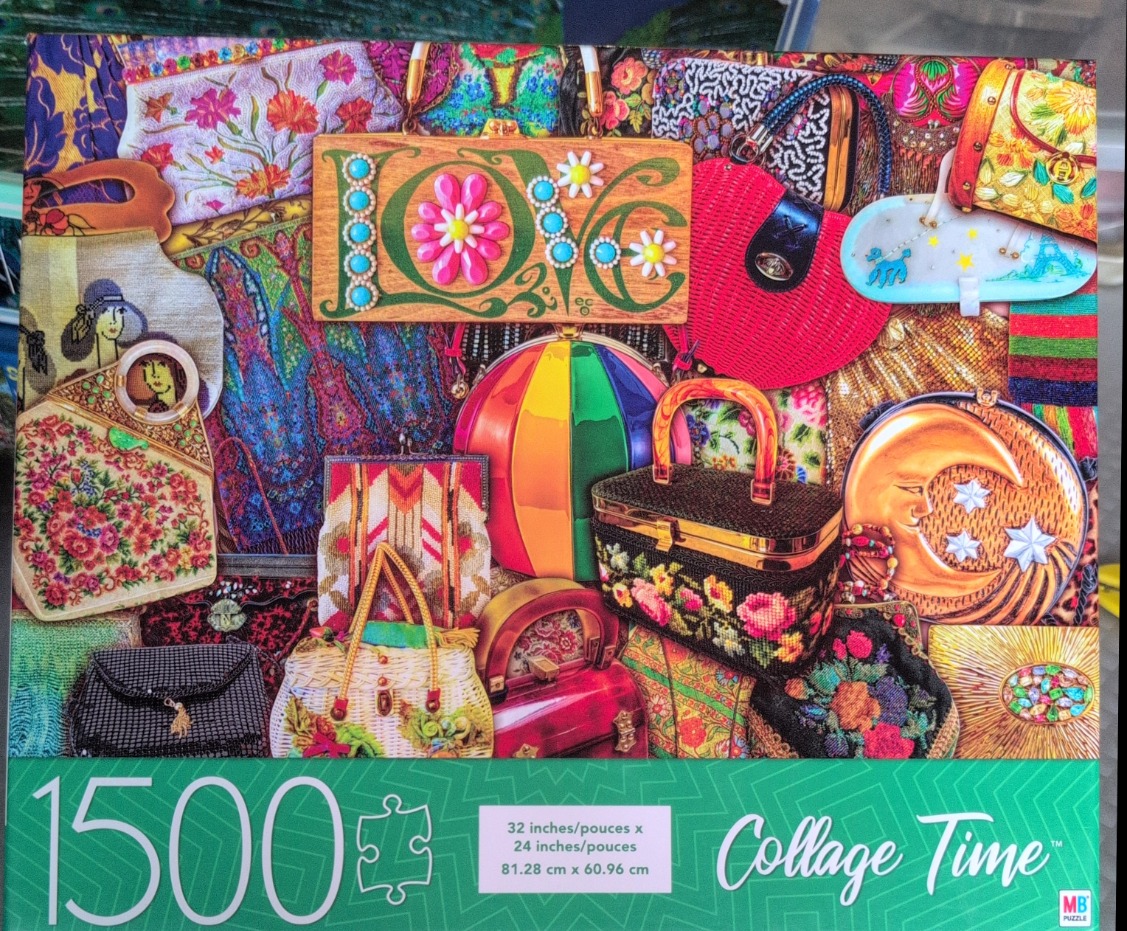A vibrant, dense collage of many different vintage and decorative handbags arranged in an overlapping, artistic pattern.