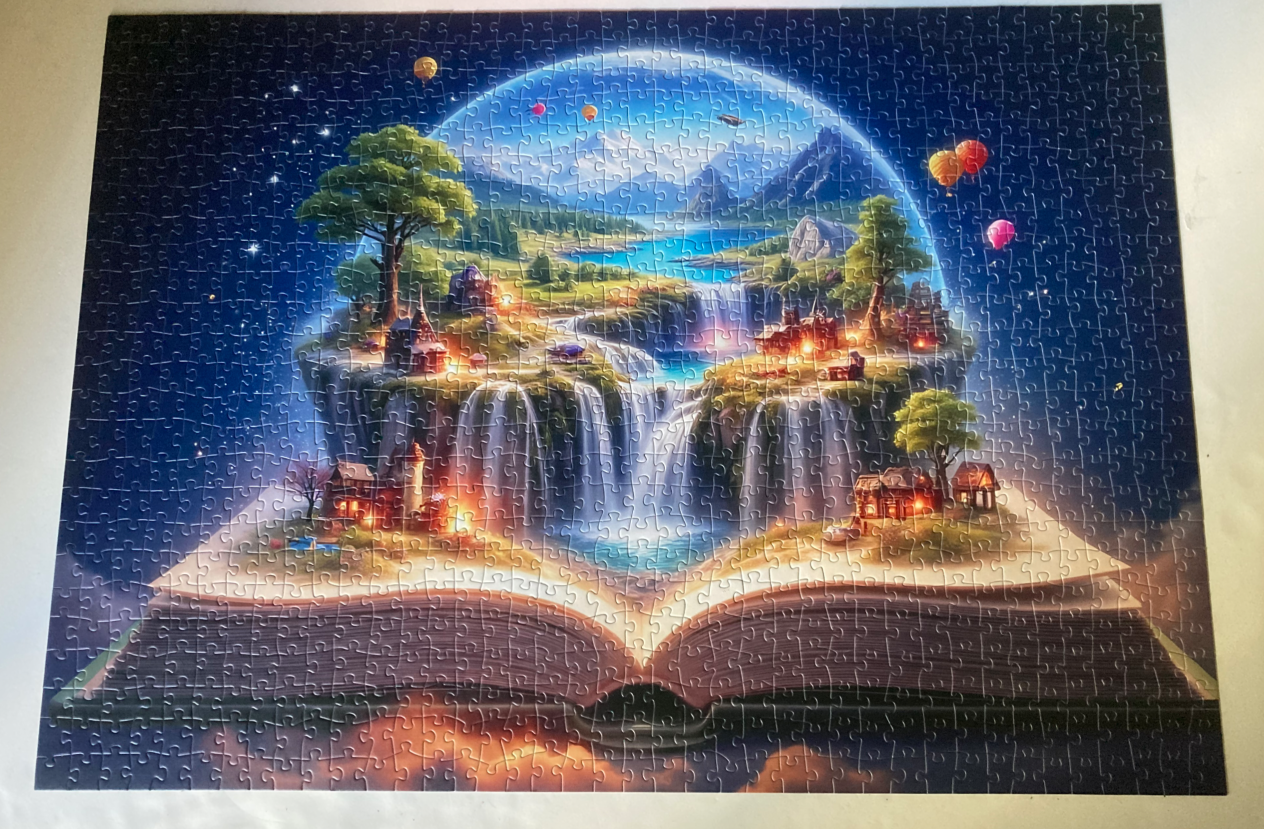 A magical fantasy world spilling out of an open storybook against a starry night sky.