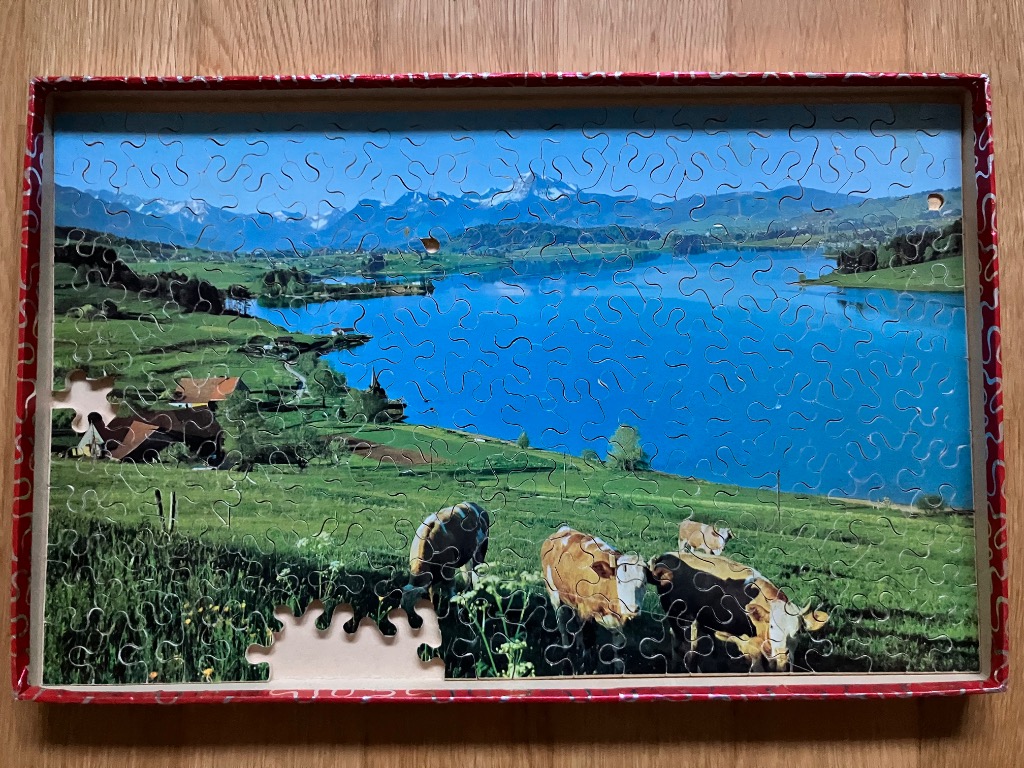Panoramic alpine landscape with cows grazing in a grassy field by a blue lake and snow-capped mountains.